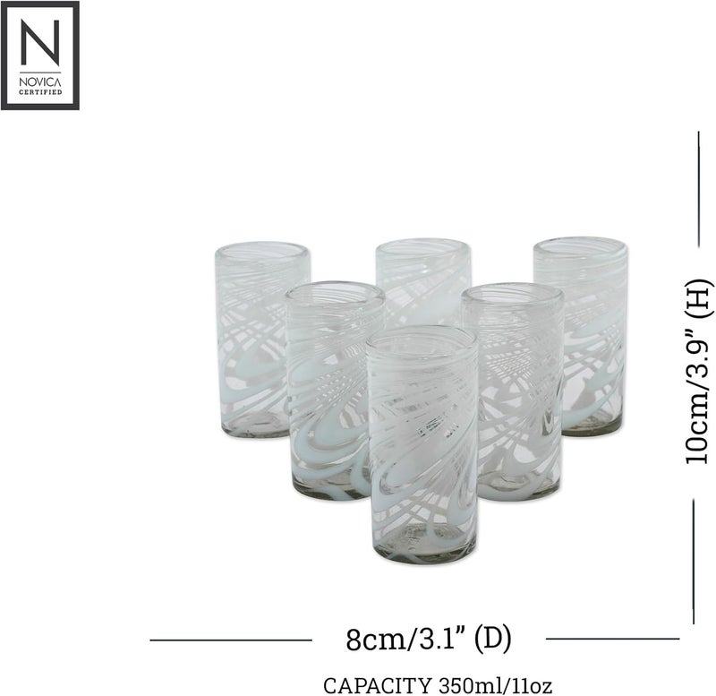 NOVICA Whirling White Set Of 6 Blown Glass Highball Glasses - Image 2