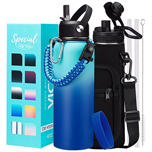 Metal Water Bottle 40oz  Stainless Steel Water Bottles with Straw Spout Lid Sleeve Carry Strap Vacuum Insulated Leak Proof BPA Free Water Jug Modern Reusable Waterbottle Gym Biking Camping