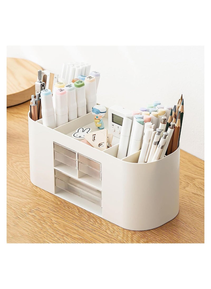 KASTWAVE Pencil Pen Holder Desk Organizer with Drawers, Plastic Desktop Stationery Holder Storage Box for Card, Pen, Pencil, Post-it Notes, Erasers, Paper Clips (Beige)  - Image 2