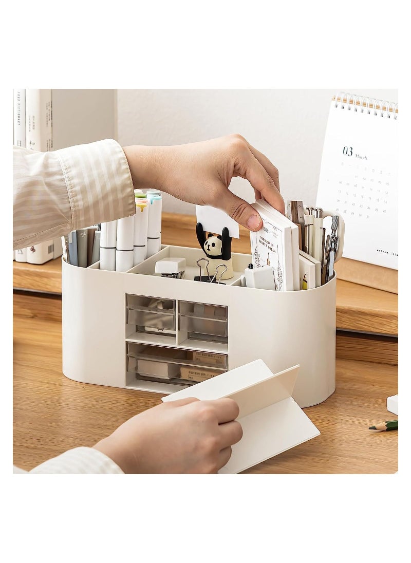 KASTWAVE Pencil Pen Holder Desk Organizer with Drawers, Plastic Desktop Stationery Holder Storage Box for Card, Pen, Pencil, Post-it Notes, Erasers, Paper Clips (Beige)  - Image 3