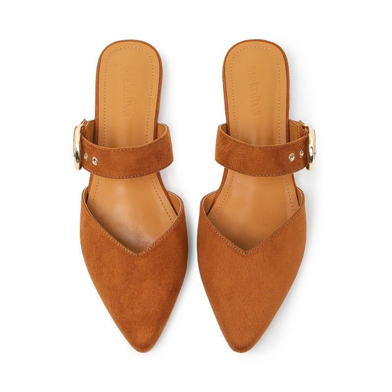 Meknitva Pointed Toe Mules for Women,Adjustable Strap Backless Loafers in Synthetic Suede, Dressy Casual Slip-On Flats Brown,8 - Image 1