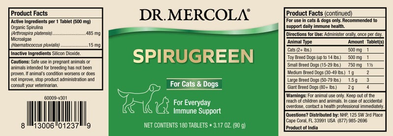 Dr. Mercola, SpiruGreen, for Cats and Dogs (180 Tablets), with Organic Spirulina and Microalgae,Organic Spirulina, Non GMO, Soy Free, Gluten Free - Image 2