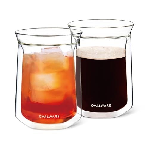 ovalware Double Wall Single Lip Insulated Glass Cup Set of 2 12oz  350ml  Borosilicate Glass For Coffee Tea Whiskey Cocktails  All Beverages  Minimalistic  Durable DoubleWall Drinking Mug