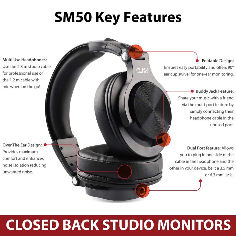 CLAW SM50 Professional Studio Monitoring DJ Wired Over Ear Headphones with 2 Detachable Cables (2.8m Coiled Cable & 1.2m Straight Cable with Mic and in-line Controls) (SM50 Black) - Image 5