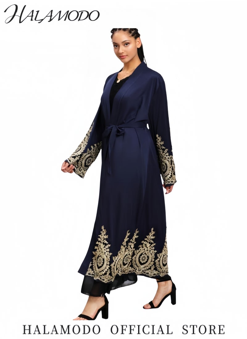HALAMODO - Women's Abaya Muslim Robe One-Piece V Neck Dress Islamic Full Length Kaftan Daily Casual Dress Long Sleeve Cardigan Floral Patchwork Gown - Image 1