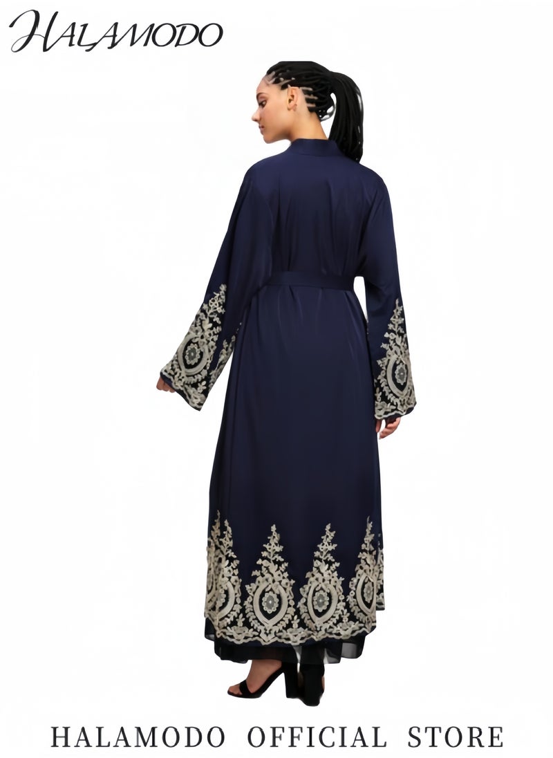 HALAMODO - Women's Abaya Muslim Robe One-Piece V Neck Dress Islamic Full Length Kaftan Daily Casual Dress Long Sleeve Cardigan Floral Patchwork Gown - Image 1