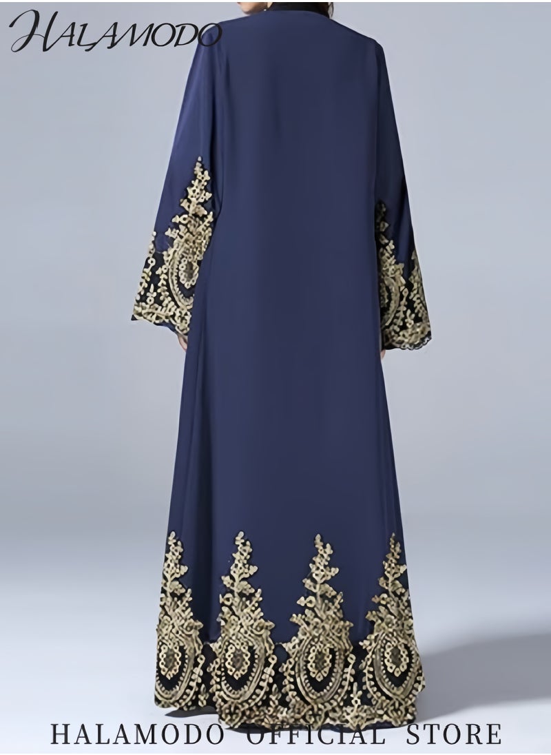 HALAMODO - Women's Abaya Muslim Robe One-Piece V Neck Dress Islamic Full Length Kaftan Daily Casual Dress Long Sleeve Cardigan Floral Patchwork Gown - Image 1