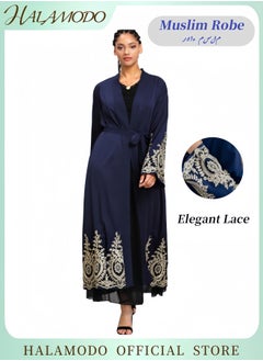 Women's Abaya Muslim Robe One-Piece V Neck Dress Islamic Full Length Kaftan Daily Casual Dress Long Sleeve Cardigan Floral Patchwork Gown