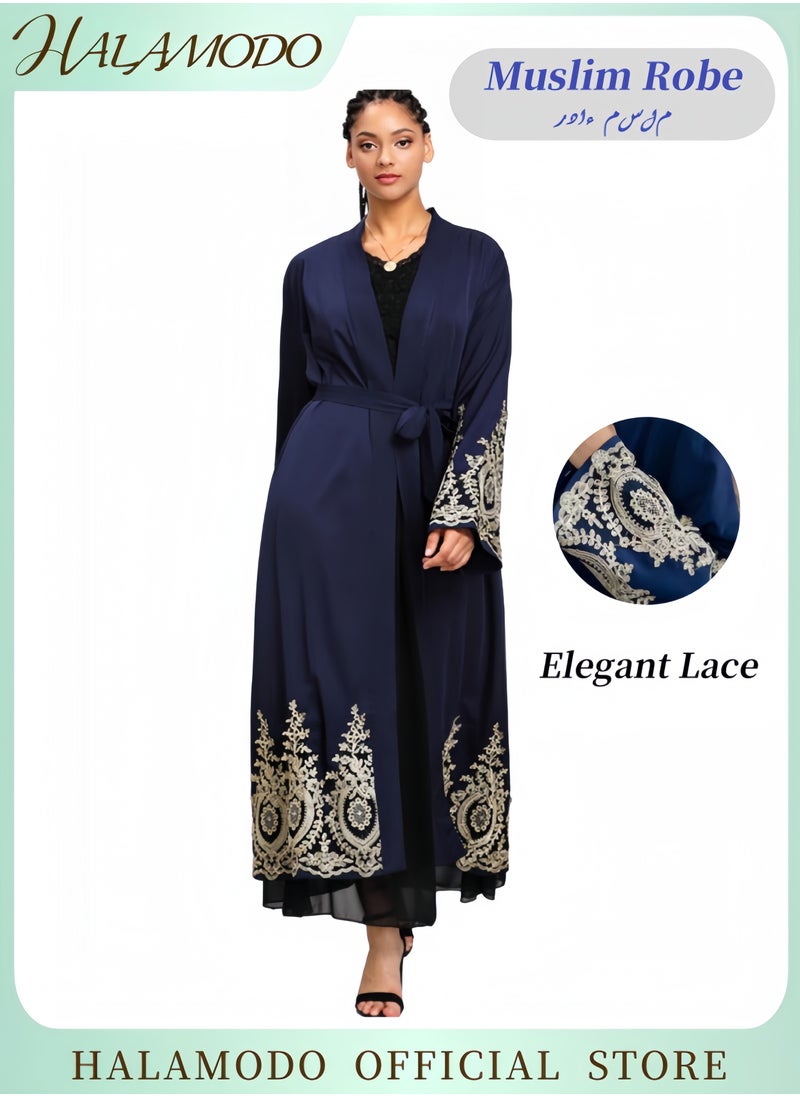 HALAMODO - Women's Abaya Muslim Robe One-Piece V Neck Dress Islamic Full Length Kaftan Daily Casual Dress Long Sleeve Cardigan Floral Patchwork Gown - Image 1