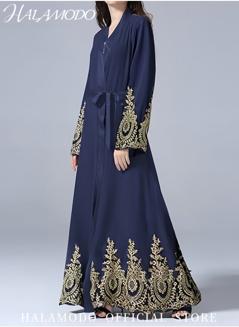 HALAMODO - Women's Abaya Muslim Robe One-Piece V Neck Dress Islamic Full Length Kaftan Daily Casual Dress Long Sleeve Cardigan Floral Patchwork Gown - Image 1