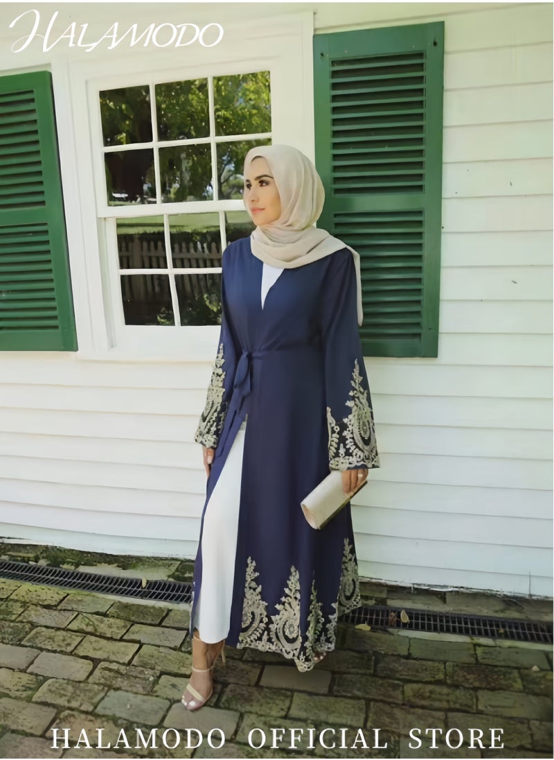 HALAMODO - Women's Abaya Muslim Robe One-Piece V Neck Dress Islamic Full Length Kaftan Daily Casual Dress Long Sleeve Cardigan Floral Patchwork Gown - Image 1