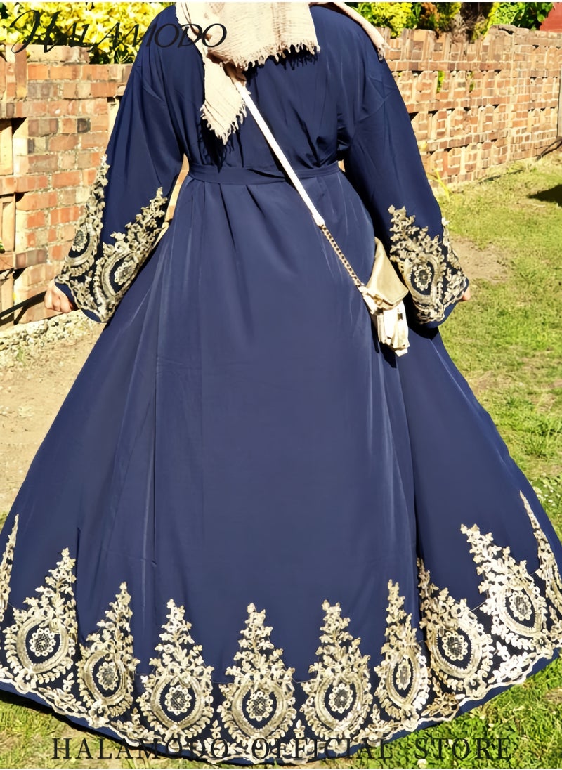 HALAMODO - Women's Abaya Muslim Robe One-Piece V Neck Dress Islamic Full Length Kaftan Daily Casual Dress Long Sleeve Cardigan Floral Patchwork Gown - Image 1