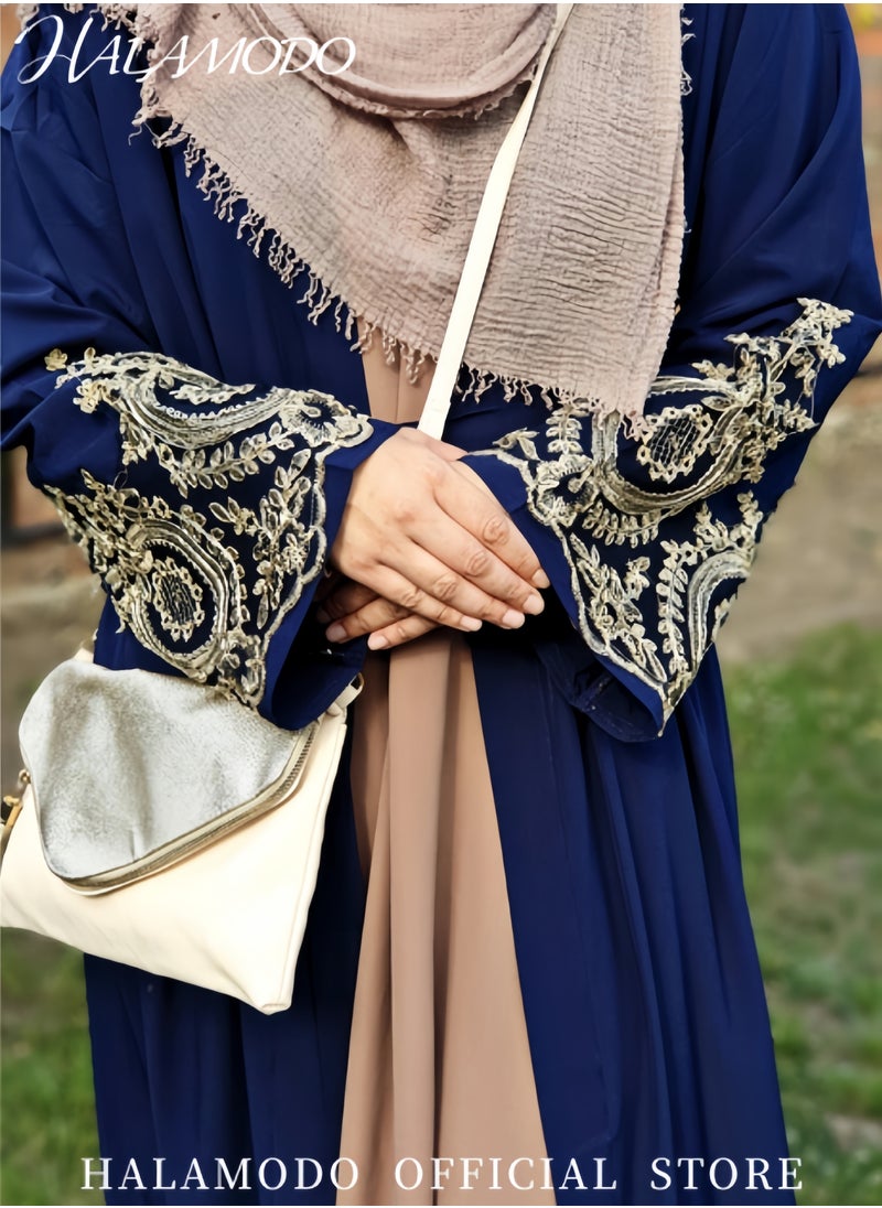 HALAMODO - Women's Abaya Muslim Robe One-Piece V Neck Dress Islamic Full Length Kaftan Daily Casual Dress Long Sleeve Cardigan Floral Patchwork Gown - Image 1