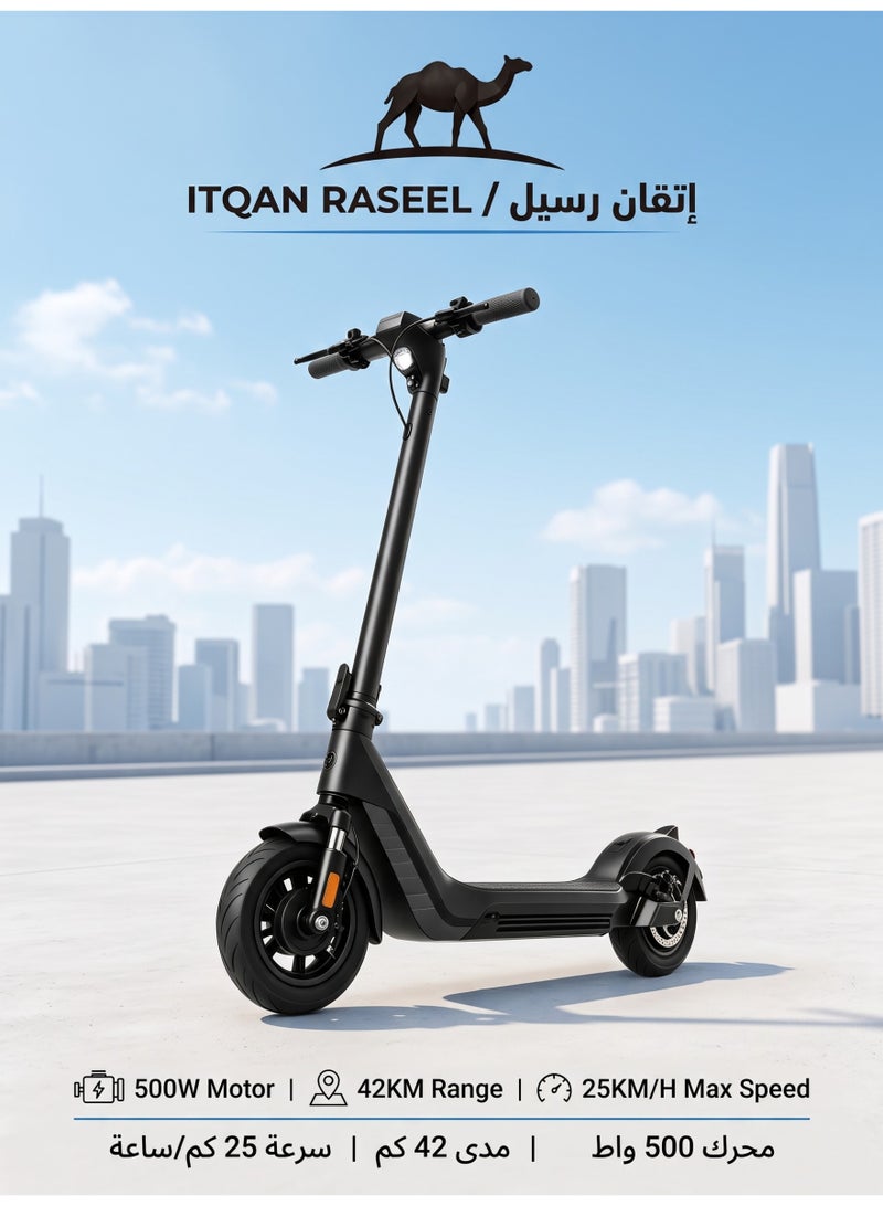 ITQAN RASEEL LED Display 500W Motor E scooter, Top Speed 25km/h (3 gears speed mode), Range 42KM, 48V 1AH Battery, 10-Inch Tires, Dual Disc Brakes, Front and Rear Suspension, Foldable Aluminum Alloy Frame, LED Headlight, Adult/Teen Electric Scooter, Load Capacity 120kg, Fast Urban Commuting Electric Scooter, Long Range, Electric Bike with Air-Filled Tires and Easy Folding Design, Fast Urban Commuting Electric Scooter, Perfect Scooter for Outdoor Adventures - Image 2