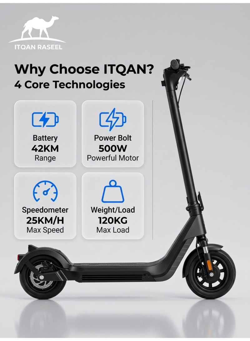 ITQAN RASEEL LED Display 500W Motor E scooter, Top Speed 25km/h (3 gears speed mode), Range 42KM, 48V 1AH Battery, 10-Inch Tires, Dual Disc Brakes, Front and Rear Suspension, Foldable Aluminum Alloy Frame, LED Headlight, Adult/Teen Electric Scooter, Load Capacity 120kg, Fast Urban Commuting Electric Scooter, Long Range, Electric Bike with Air-Filled Tires and Easy Folding Design, Fast Urban Commuting Electric Scooter, Perfect Scooter for Outdoor Adventures - Image 3