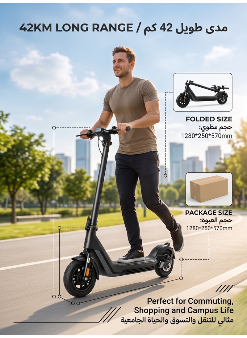 ITQAN RASEEL LED Display 500W Motor E scooter, Top Speed 25km/h (3 gears speed mode), Range 42KM, 48V 1AH Battery, 10-Inch Tires, Dual Disc Brakes, Front and Rear Suspension, Foldable Aluminum Alloy Frame, LED Headlight, Adult/Teen Electric Scooter, Load Capacity 120kg, Fast Urban Commuting Electric Scooter, Long Range, Electric Bike with Air-Filled Tires and Easy Folding Design, Fast Urban Commuting Electric Scooter, Perfect Scooter for Outdoor Adventures - Image 4