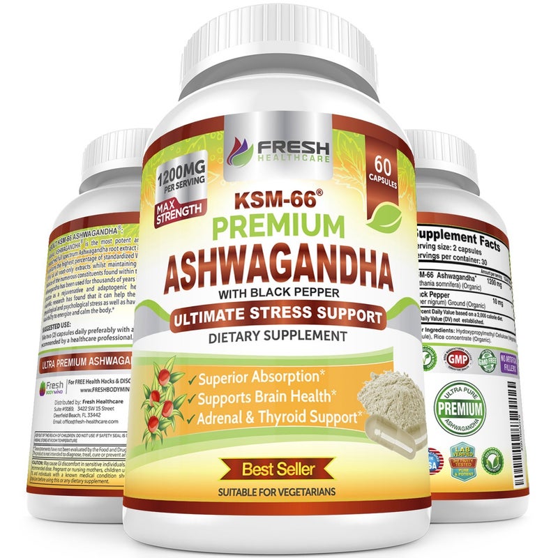 FRESH HEALTHCARE Ashwagandha Capsules KSM66 1200mg Pure Root Extract with Black Pepper for High Absorption Potent Ashwagandha Supplement 60 Vegan Capsules