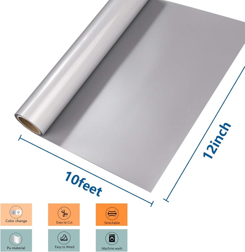 HTVRONT Reflective Heat Transfer Vinyl HTV Roll: 12"x10' Silver Iron On Vinyl Roll for T-Shirt (Light Grey) - Image 2