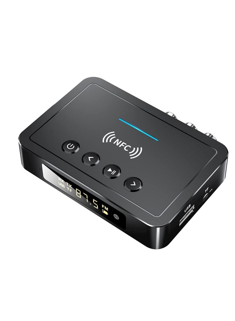Blue Tooth 5.0 Transmitter Receiver, 3 in 1 FM Transmitter Receiver, NFC-Enabled Wireless Audio Adapter, Long Range Support 3.5mm AUX, RCA, TF Card, for TV/PC/Speaker/Headset/Car