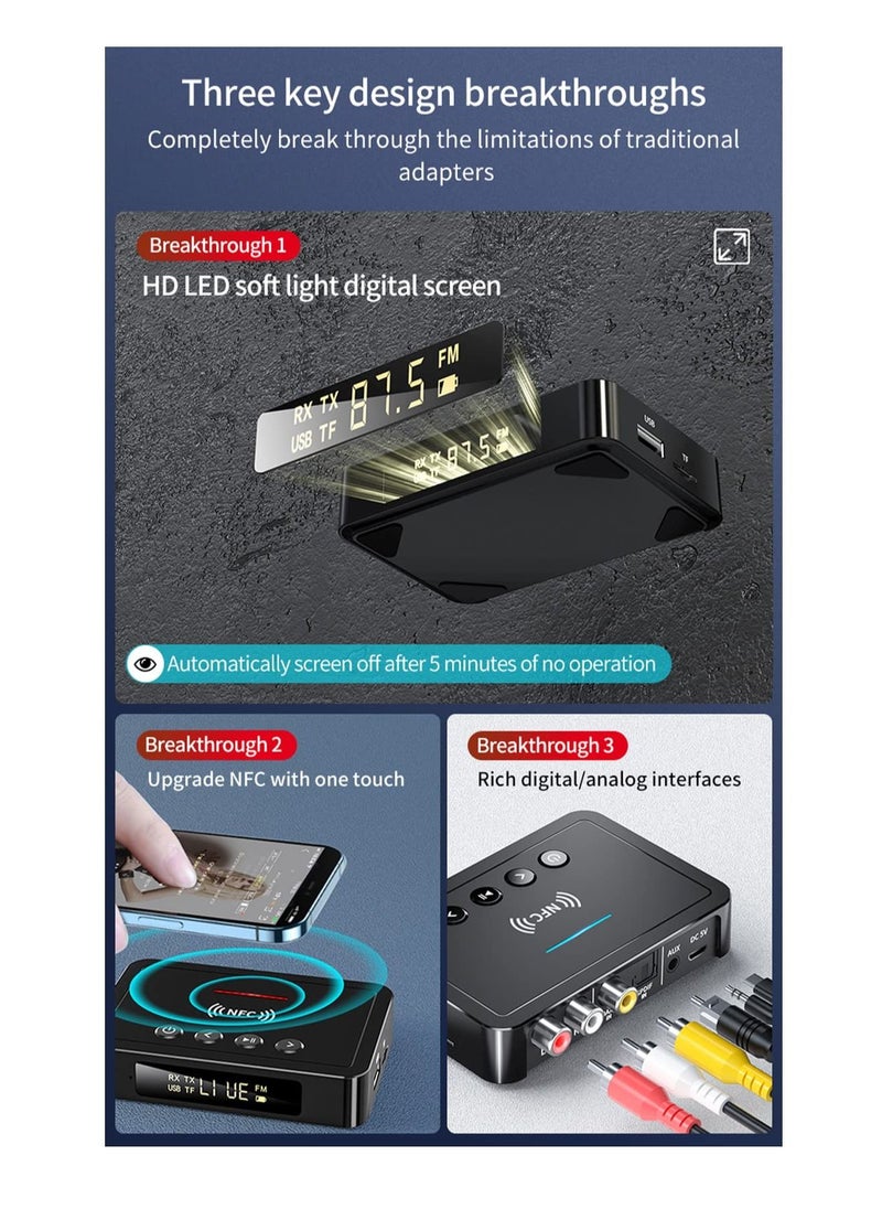 Blue Tooth 5.0 Transmitter Receiver, 3 in 1 FM Transmitter Receiver, NFC-Enabled Wireless Audio Adapter, Long Range Support 3.5mm AUX, RCA, TF Card, for TV/PC/Speaker/Headset/Car