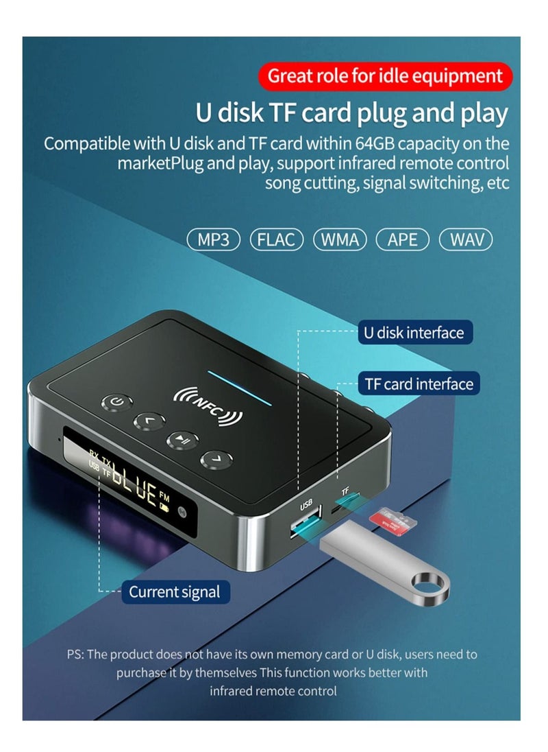 Blue Tooth 5.0 Transmitter Receiver, 3 in 1 FM Transmitter Receiver, NFC-Enabled Wireless Audio Adapter, Long Range Support 3.5mm AUX, RCA, TF Card, for TV/PC/Speaker/Headset/Car