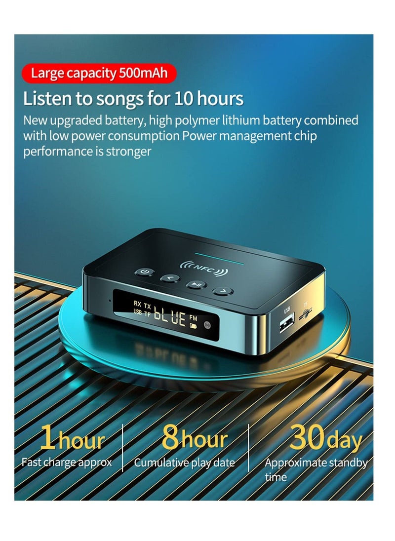 Blue Tooth 5.0 Transmitter Receiver, 3 in 1 FM Transmitter Receiver, NFC-Enabled Wireless Audio Adapter, Long Range Support 3.5mm AUX, RCA, TF Card, for TV/PC/Speaker/Headset/Car