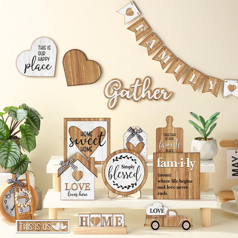 Yaomiao 21 Pcs Farmhouse Tiered Tray Decor Set Rustic Farmhouse Wood Decor Sign Vintage Rustic Family Gather Blessed Tiered Tray This is Our Happy Place Tabletop Sign for Home Kitchen Table Shelf - Image 2