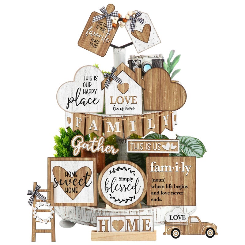 Yaomiao 21 Pcs Farmhouse Tiered Tray Decor Set Rustic Farmhouse Wood Decor Sign Vintage Rustic Family Gather Blessed Tiered Tray This is Our Happy Place Tabletop Sign for Home Kitchen Table Shelf - Image 1