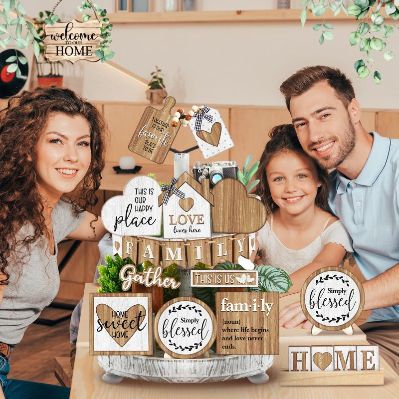 Yaomiao 21 Pcs Farmhouse Tiered Tray Decor Set Rustic Farmhouse Wood Decor Sign Vintage Rustic Family Gather Blessed Tiered Tray This is Our Happy Place Tabletop Sign for Home Kitchen Table Shelf - Image 5