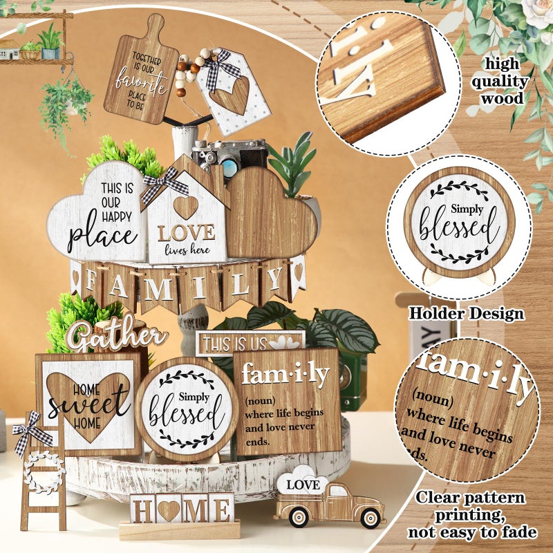 Yaomiao 21 Pcs Farmhouse Tiered Tray Decor Set Rustic Farmhouse Wood Decor Sign Vintage Rustic Family Gather Blessed Tiered Tray This is Our Happy Place Tabletop Sign for Home Kitchen Table Shelf - Image 3