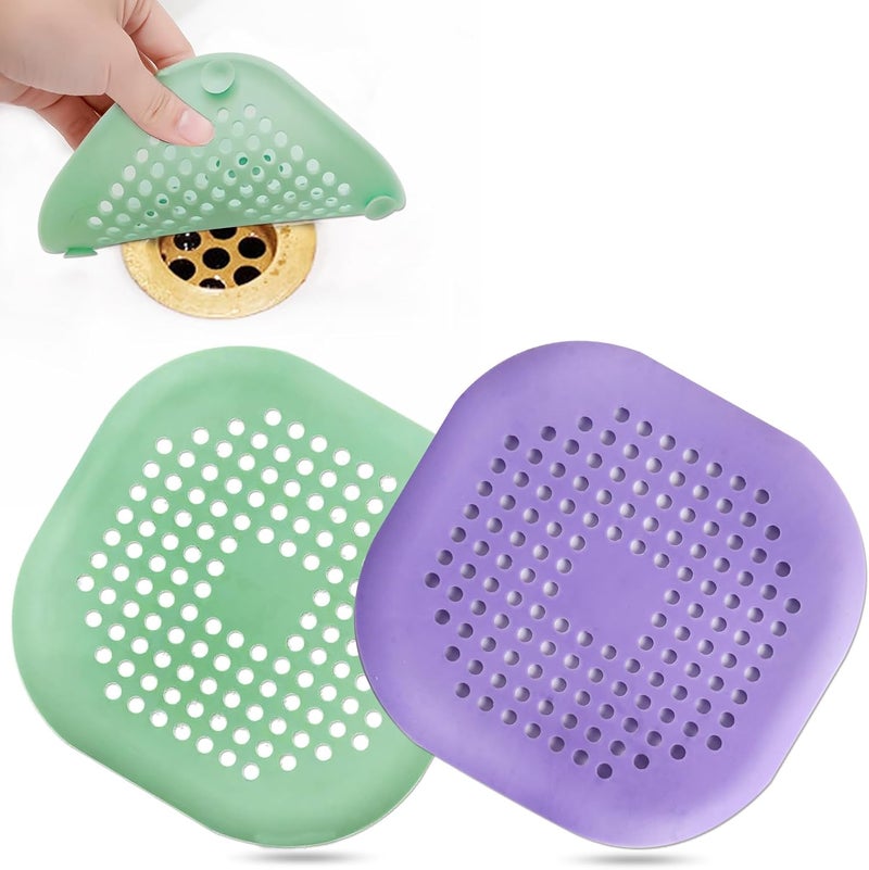Bovinde Hair Catcher,Square Drain Cover for Shower Silicone Hair Stopper with Suction Cup,Easy to Install Suit for Bathroom,Bathtub,Kitchen 2 Pack(Purple Green) - Image 1