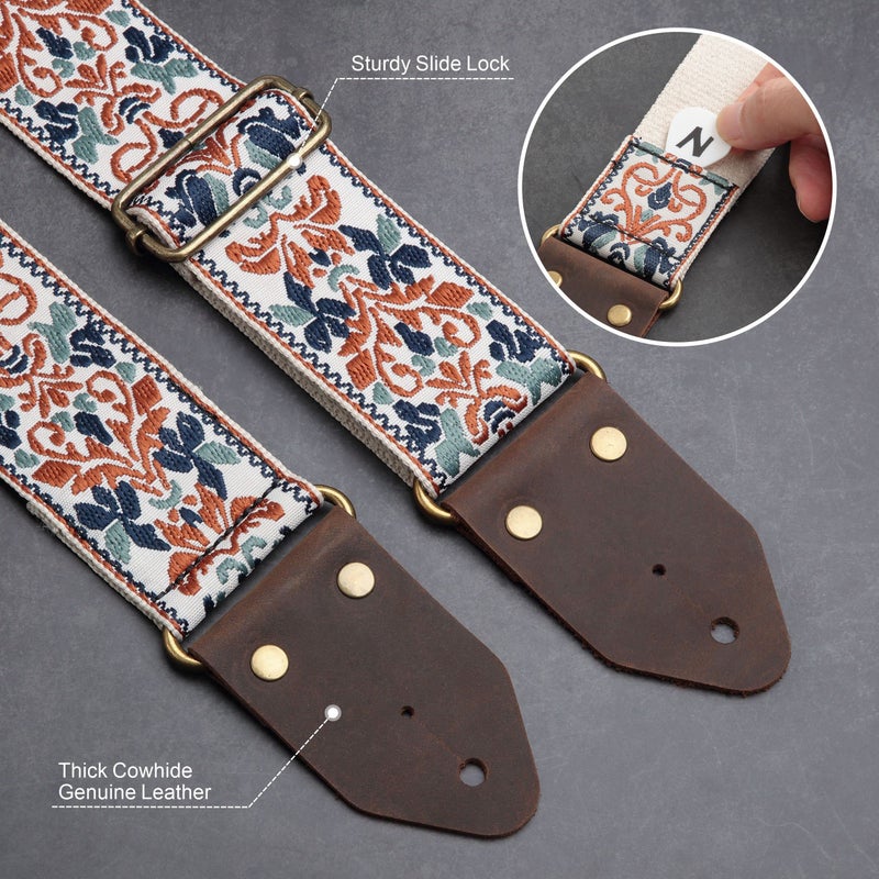Nefelibata Guitar Strap,Jacquard Embroidery Cotton Guitar Straps with Crazy Horse Leather Ends for Bass, Electric & Acoustic, Best Gifts for Kids, Guitarists(Golden Jacquard) - Image 2