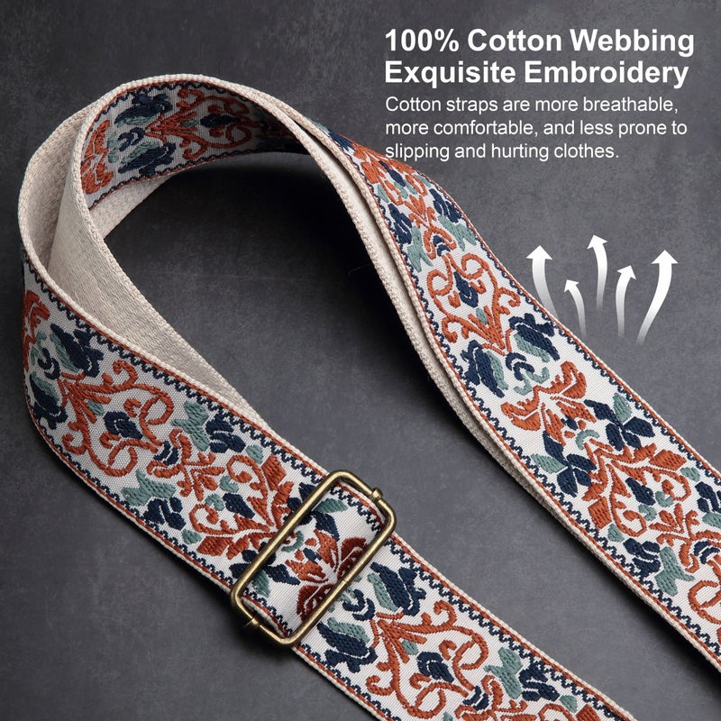 Nefelibata Guitar Strap,Jacquard Embroidery Cotton Guitar Straps with Crazy Horse Leather Ends for Bass, Electric & Acoustic, Best Gifts for Kids, Guitarists(Golden Jacquard) - Image 3