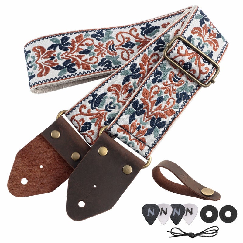 Nefelibata Guitar Strap,Jacquard Embroidery Cotton Guitar Straps with Crazy Horse Leather Ends for Bass, Electric & Acoustic, Best Gifts for Kids, Guitarists(Golden Jacquard) - Image 1