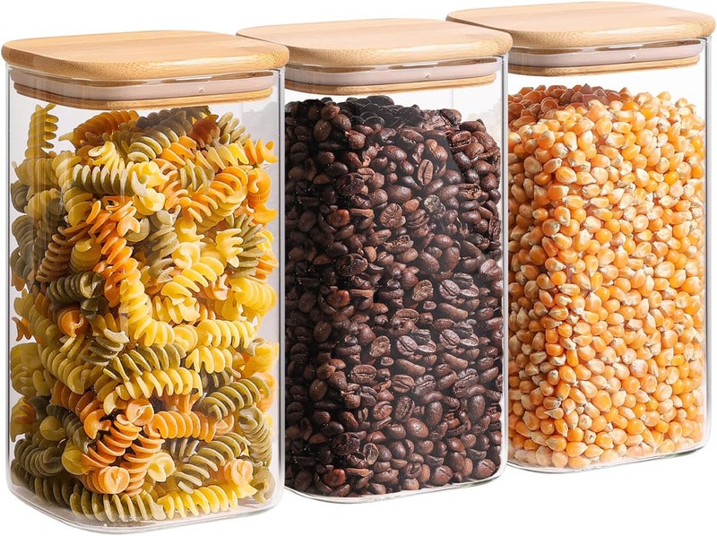 ComSaf 1.4 Qt Glass Storage Containers with Lids, Glass Jars with Lids, Clear Food Storage Jar, Square Canister Set of 3, Pantry Organizers and Storage for Flour Oat Pasta Tea Cookie Coffee Bean - Image 1