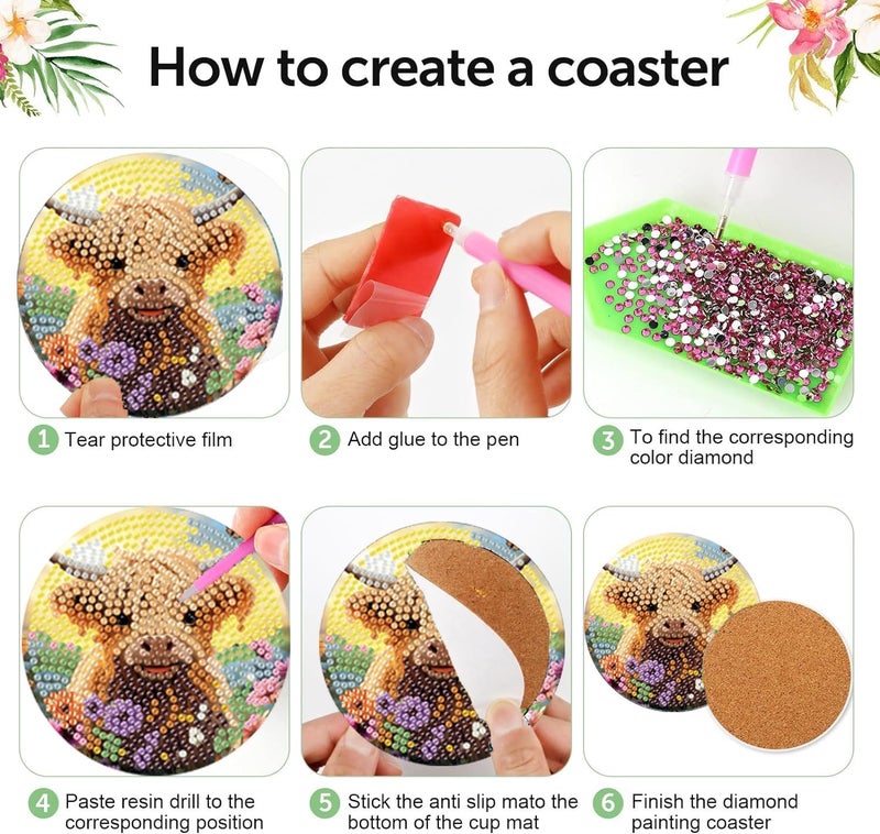 croshom 8 Pcs Diamond Art Painting Coasters Diamond Art Coasters with Holder, DIY Cow Coasters Diamond Art Painting Kits for Adults Beginners, Diamond Art Kits for Adults Arts and Crafts Supplies - Image 3