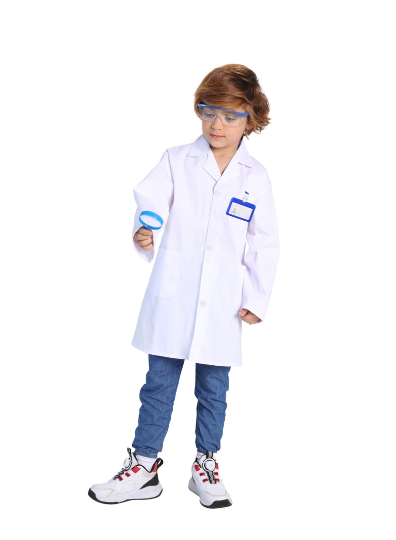 Halamodo 4PCS Kids Doctor Scientist Lab Cosplay Costume Set , With White Coat, Goggles, Magnifying Glass and ID Card, Children's Career Day Dress-Up Role Play Outfit For Themed Birthday Party, Stage Performance, Pretend Play, Best Gift For Boys and Girls - Image 3