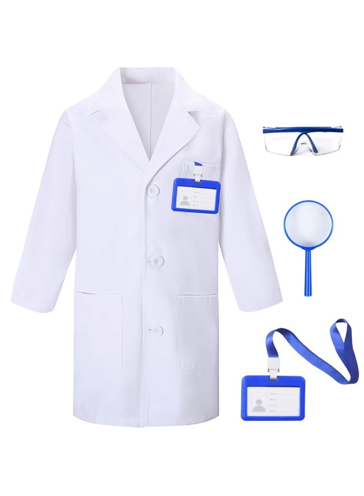 Halamodo 4PCS Kids Doctor Scientist Lab Cosplay Costume Set , With White Coat, Goggles, Magnifying Glass and ID Card, Children's Career Day Dress-Up Role Play Outfit For Themed Birthday Party, Stage Performance, Pretend Play, Best Gift For Boys and Girls - Image 1