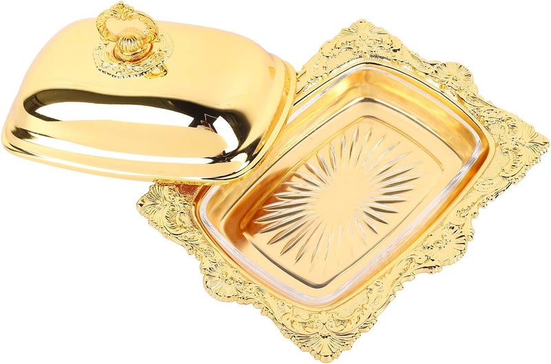 Metal Butter Plate European Vintage Butter Dish, Alloy and Glass Butter Container, Rectangle Multifunctional Butter Tray with Lid for Kitchen Refrigerator or Table - Image 4