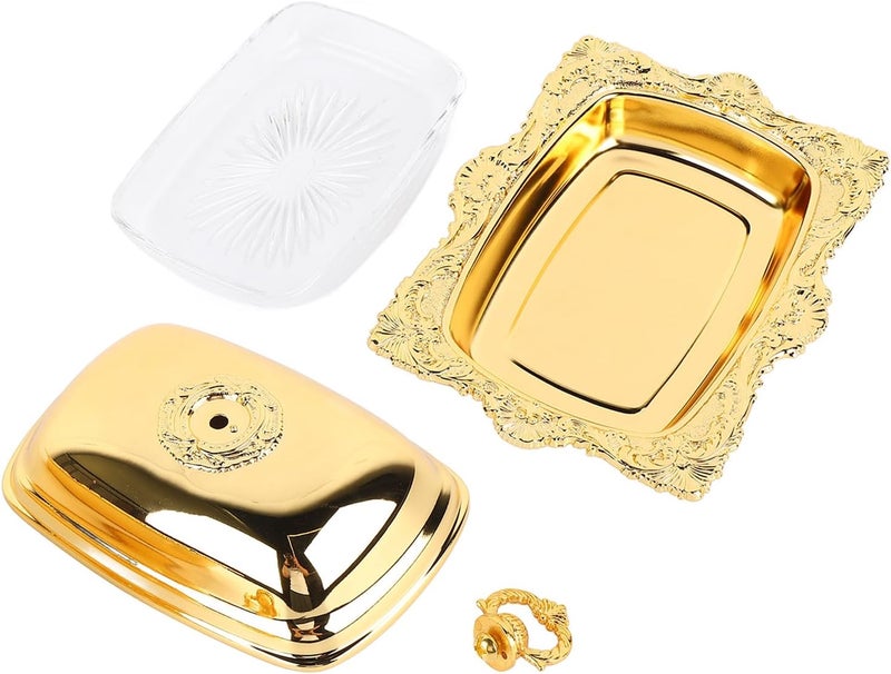 Metal Butter Plate European Vintage Butter Dish, Alloy and Glass Butter Container, Rectangle Multifunctional Butter Tray with Lid for Kitchen Refrigerator or Table - Image 1