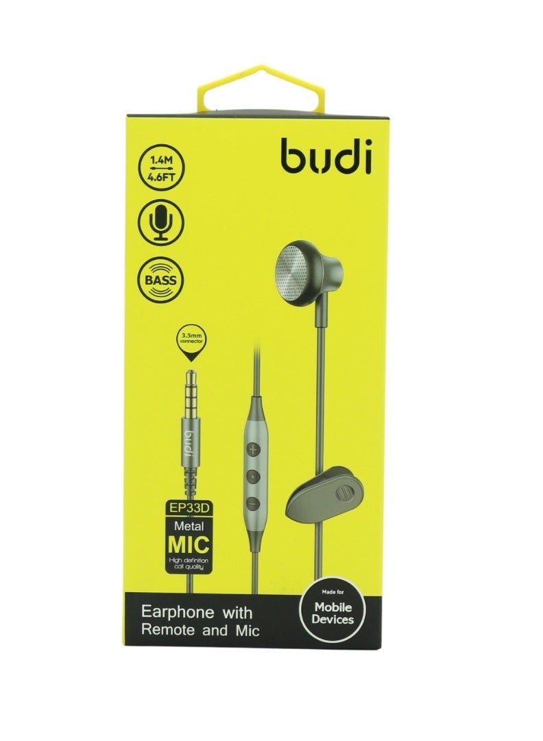 BUDI Earphone with Microphone EP33DB - Clear Sound and Noise Isolation