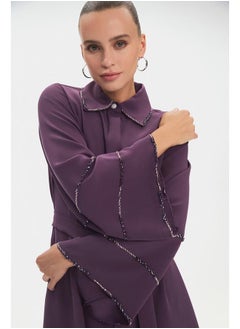 JUNE June Women Shirt Collar Embroidery Detailes Dress Purple  - Image 5