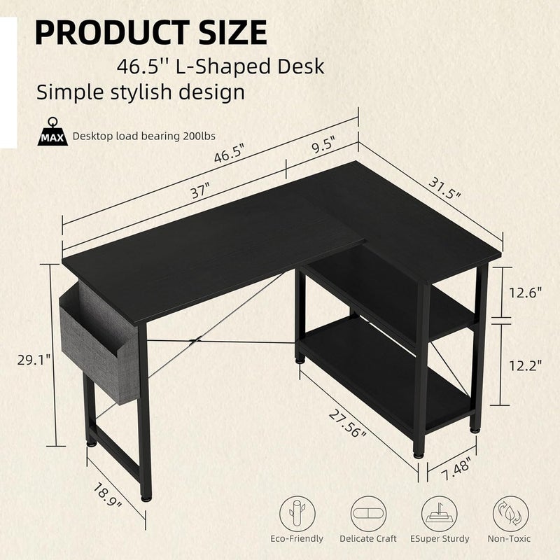سكاي تاتش مكتب كمبيوتر على شكل حرف L، مكتب دراسة، طاولة ألعاب زاوية، مع حقيبة تخزين وأرفف تخزين، طاولة كتابة دراسة عصرية للمنزل والمكتب ومحطة العمل بتصميم مكتبي، 46.5 × 31.5 × 29 بوصة، أسود - Image 3