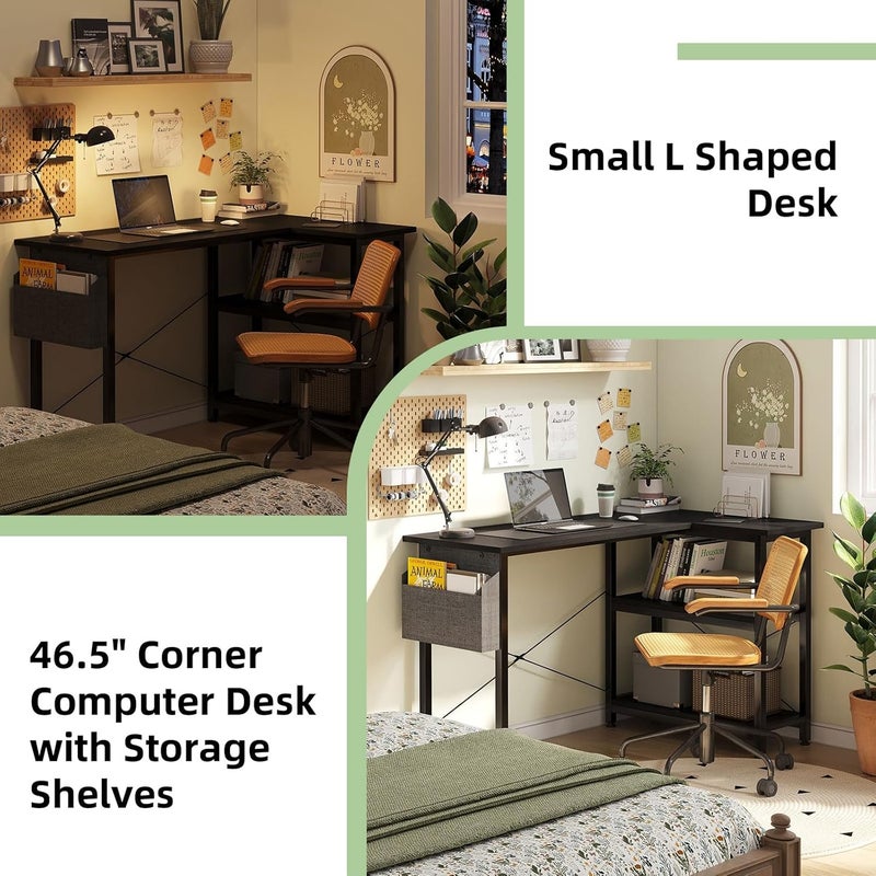 سكاي تاتش مكتب كمبيوتر على شكل حرف L، مكتب دراسة، طاولة ألعاب زاوية، مع حقيبة تخزين وأرفف تخزين، طاولة كتابة دراسة عصرية للمنزل والمكتب ومحطة العمل بتصميم مكتبي، 46.5 × 31.5 × 29 بوصة، أسود - Image 4
