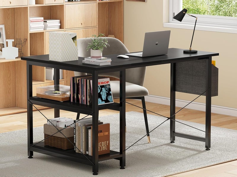 سكاي تاتش مكتب كمبيوتر على شكل حرف L، مكتب دراسة، طاولة ألعاب زاوية، مع حقيبة تخزين وأرفف تخزين، طاولة كتابة دراسة عصرية للمنزل والمكتب ومحطة العمل بتصميم مكتبي، 46.5 × 31.5 × 29 بوصة، أسود - Image 2