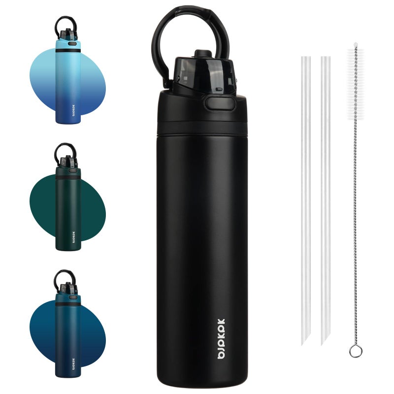 BJPKPK 25oz Insulated Water Bottle with 21 Straw Spout Lid Stainless Steel Metal Water Bottles with Carry Handle BPA Free LeakProof Fits in Car Cup Holder Thermo for SportsBlack - Image 2