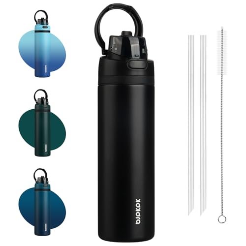 BJPKPK 25oz Insulated Water Bottle with 21 Straw Spout Lid Stainless Steel Metal Water Bottles with Carry Handle BPA Free LeakProof Fits in Car Cup Holder Thermo for SportsBlack - Image 1