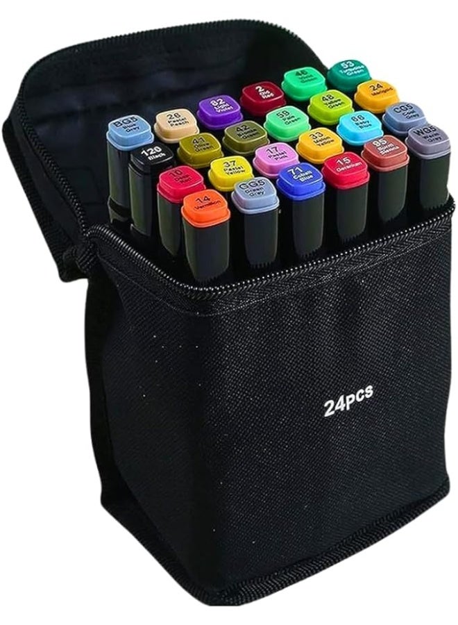 Generic Dual Tip Colored Marker Pen Set with Fine Point and Chisel Tips for Coloring, Art, Drawing, Calligraphy, Anime Drawing, Includes Carrying Bag for Artists, Students, and Hobbyists (24) - Image 1