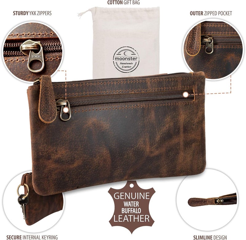 Moonster Leather Pencil Case Pouch, Handcrafted Leather Pen Case with Zipper That’s Made To Last - Elegant & Practical Brown Leather Pencil Cases for Adults - Unique 8" x 4" Design with Side Pocket - Image 4