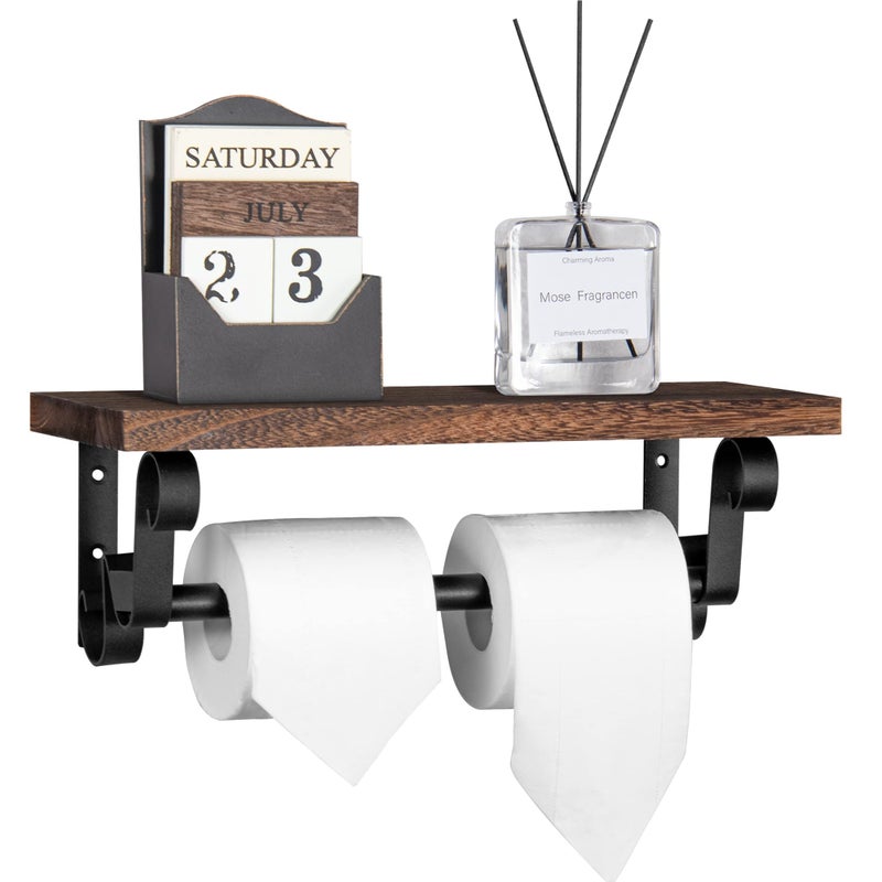 Lavievert Lavievert Industrial Toilet Paper Holder Double Roll Toilet Tissue Holder with Rustic Wood Shelf Wall Mounted Pipe Toilet Paper Dispenser for Bathroom Washroom Kitchen  Dark Brown 